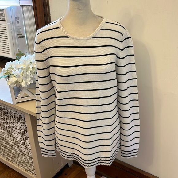 Talbots black white striped long sleeve crewneck sweater Size M EUC - Picture 1 of 9